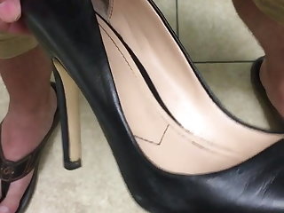 Unloading my balls into coworker's black high heel